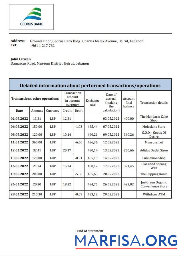 Realistic Lebanon Cedrus bank statement word sample